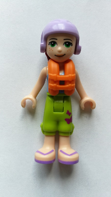 Mia, Lime Cropped Trousers,  Medium Blue Top with 3 Butterflies, Lavender Ski Helmet with Dark Red Hair, Life Jacket